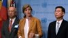U.S. Ambassador Samantha Power speaks to reporters with Japanese Ambassador Koro Bessho, left, and South Korean Ambassador Hahn Choong-hee following the U.N. Security Council closed-door meeting to discuss the latest missile launches by North Korea at the U.N. in New York, Sept. 6, 2016. 
