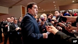 Russia Deputy U.N. Ambassador Vladimir Safronkov holds a press briefing after attending closed Security Council meetings on Syria at U.N. headquarters, Feb. 19, 2016.